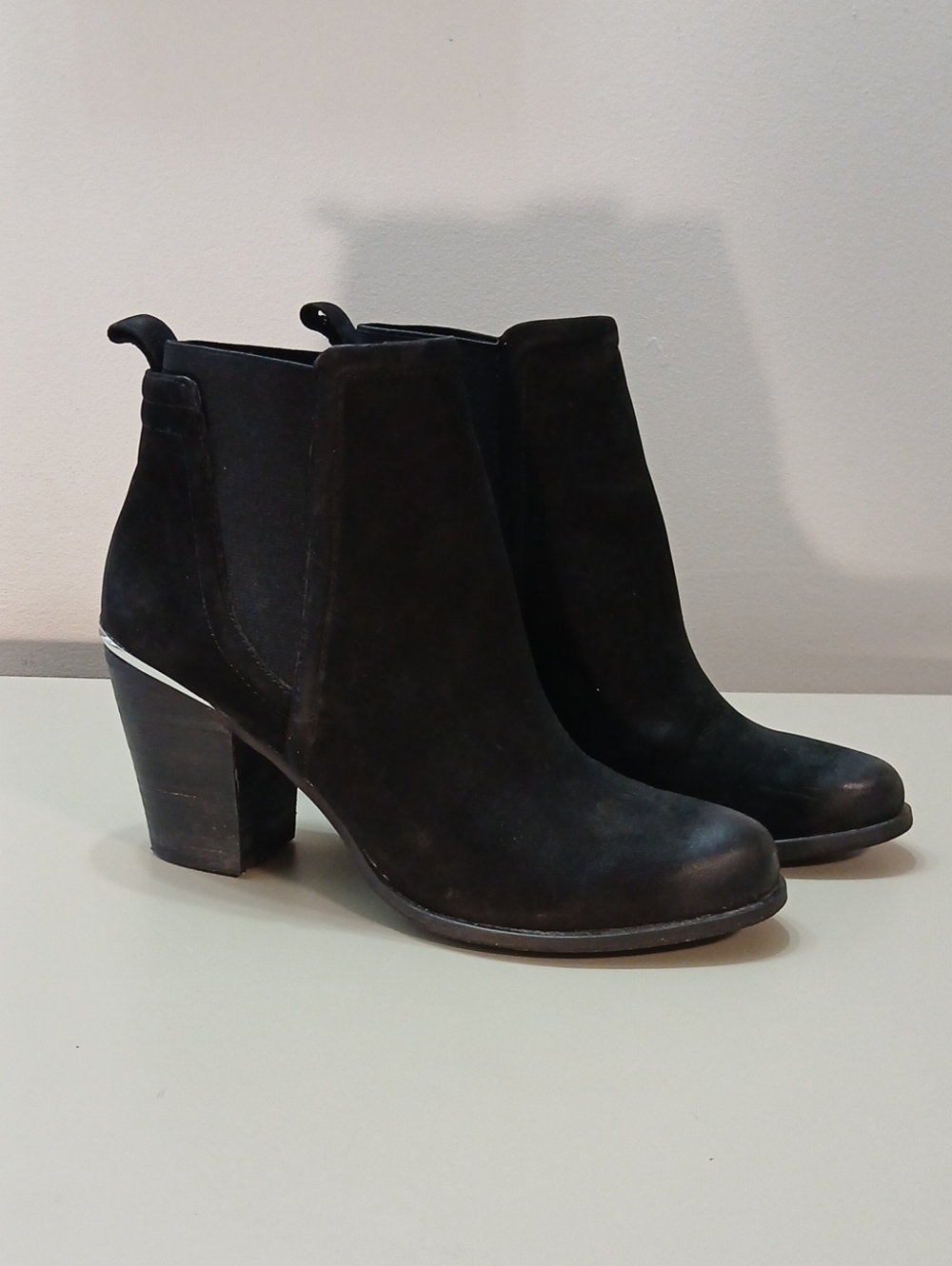 Women's Black Suede Chelsea Ankle Booties with Block Heel